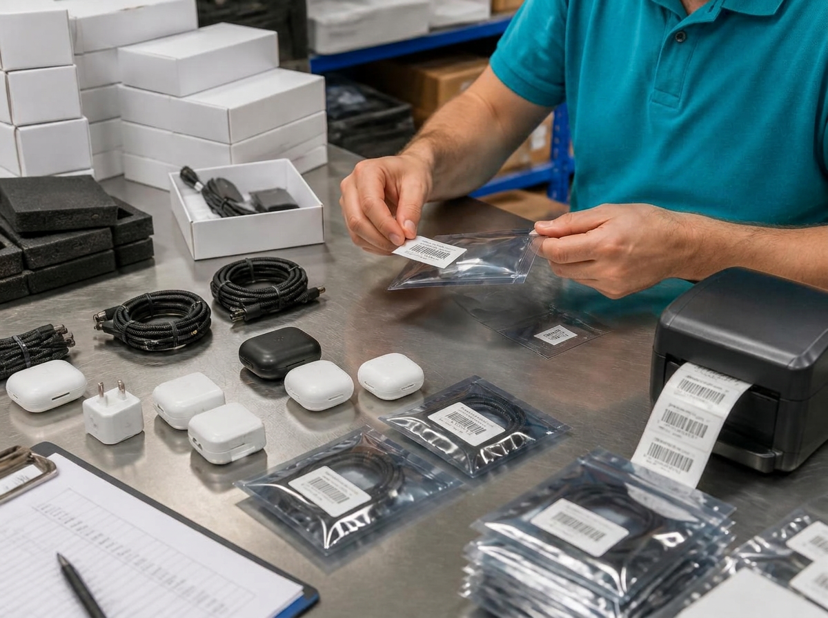 Accesorios de electrónica de consumo siendo embolsados y etiquetados en mesa de trabajo